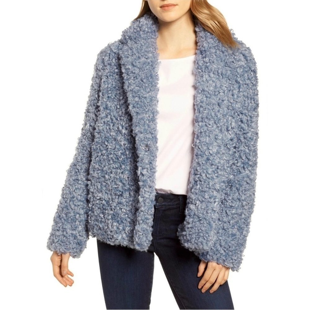Tahari Teddy Jacket Pepper Curly Women’s Faux Fur Pea Coat Blue Size Large
